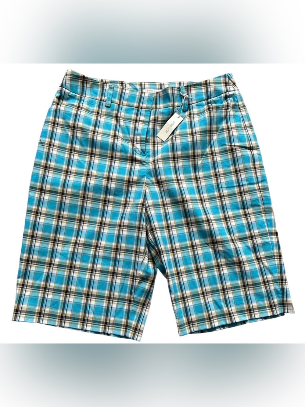NWT Jones New York Plaid Bermuda Shorts Size 12 Blue Turquoise White Stretch